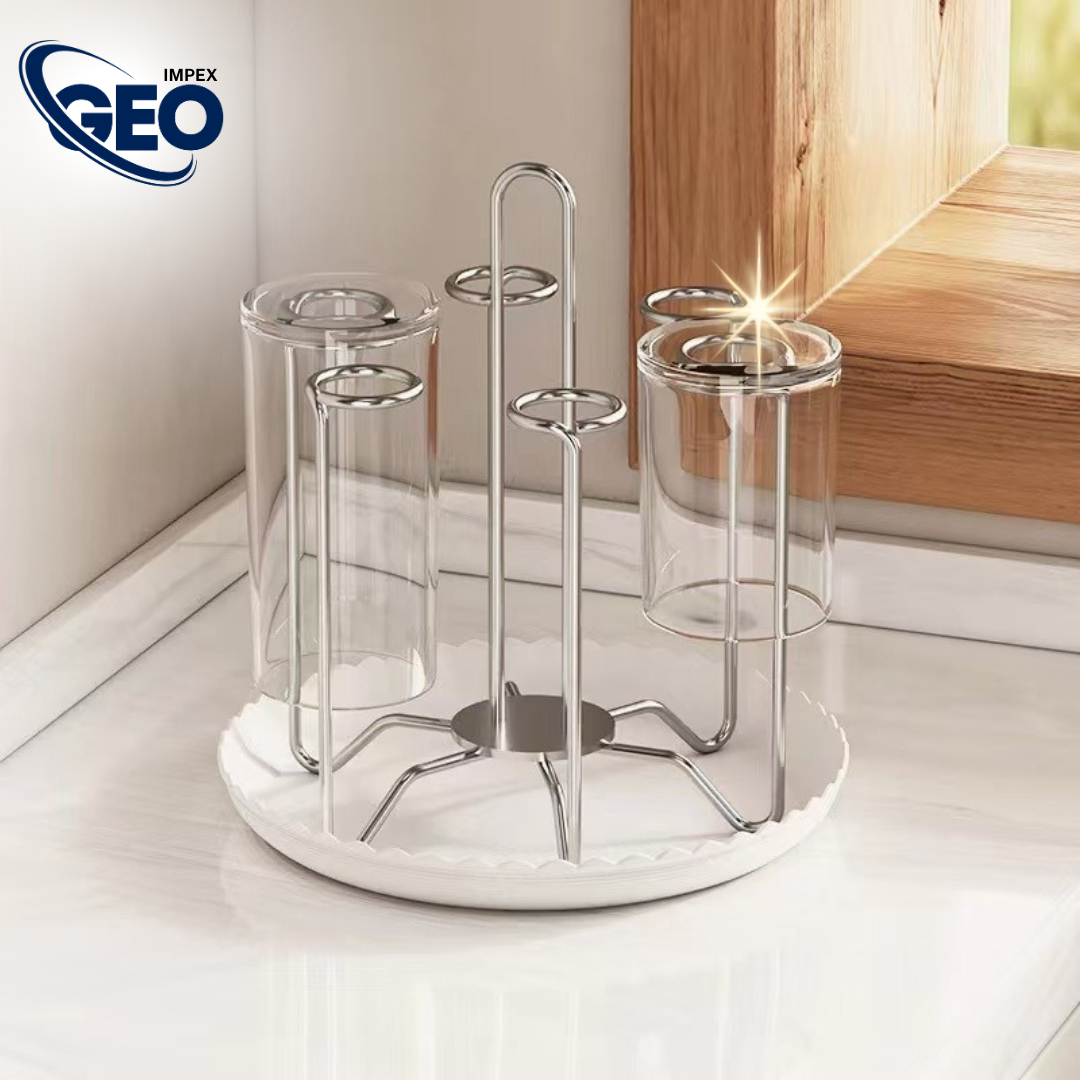 Glass Stand w/Plate | 6-Cup Mug Stand and Drainer – Durable Kitchen Storage & Organization Rack.