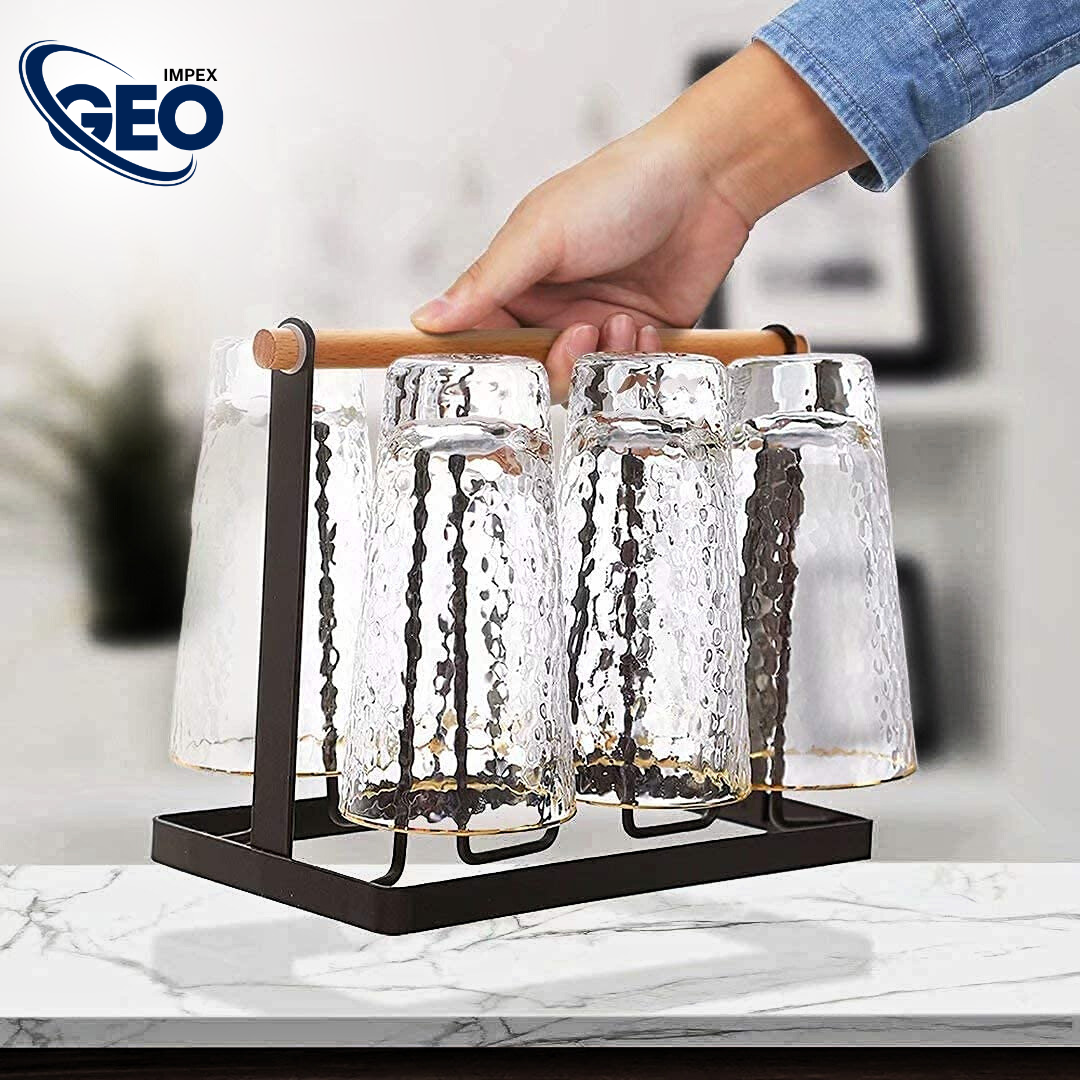 Glass Stand w/Plate | 6-Cup Mug Stand and Drainer – Durable Kitchen Storage & Organization Rack.