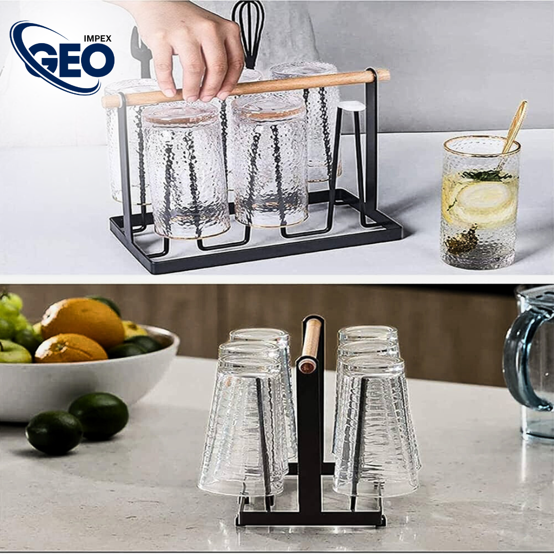Glass Stand w/Plate | 6-Cup Mug Stand and Drainer – Durable Kitchen Storage & Organization Rack.