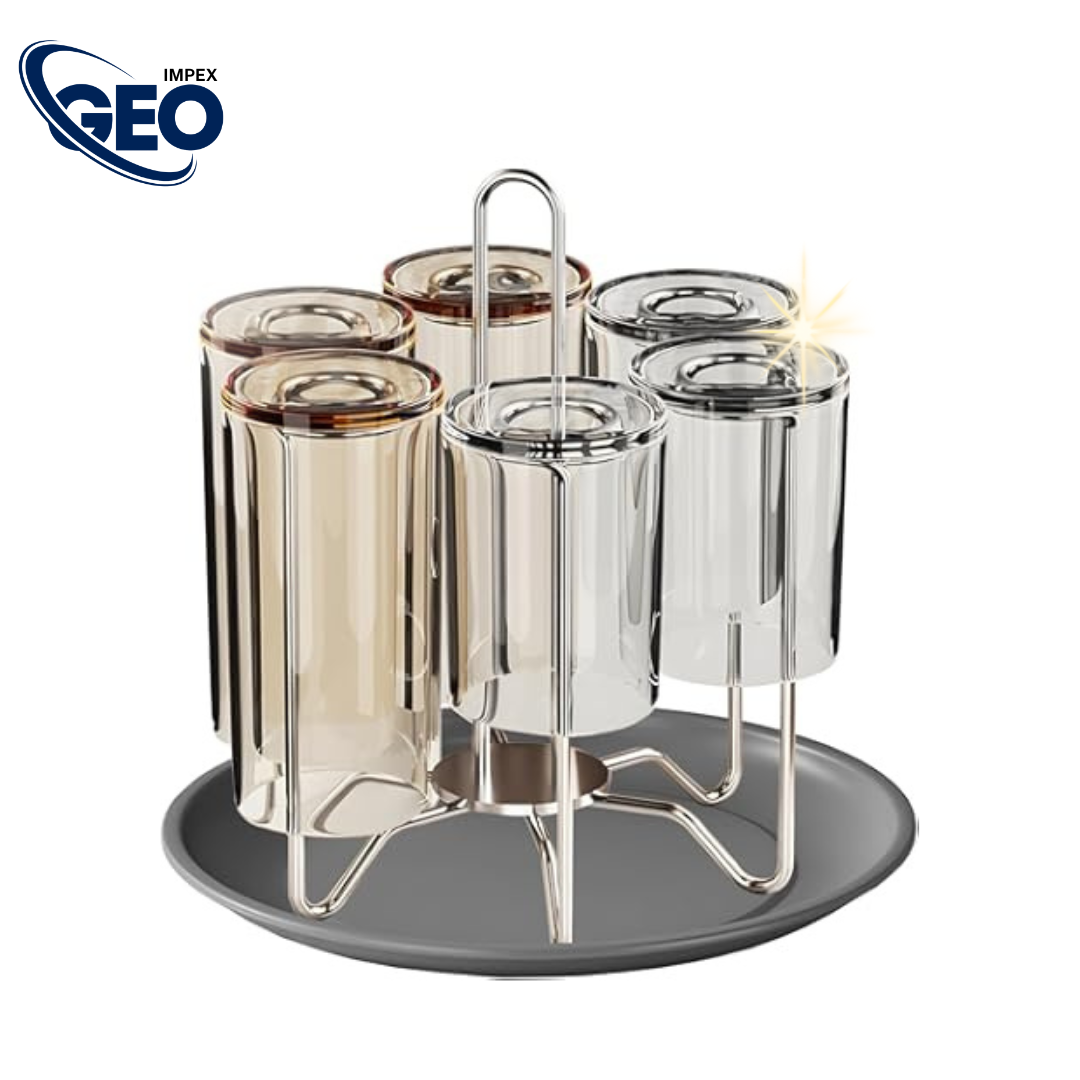 Glass Stand w/Plate | 6-Cup Mug Stand and Drainer – Durable Kitchen Storage & Organization Rack.