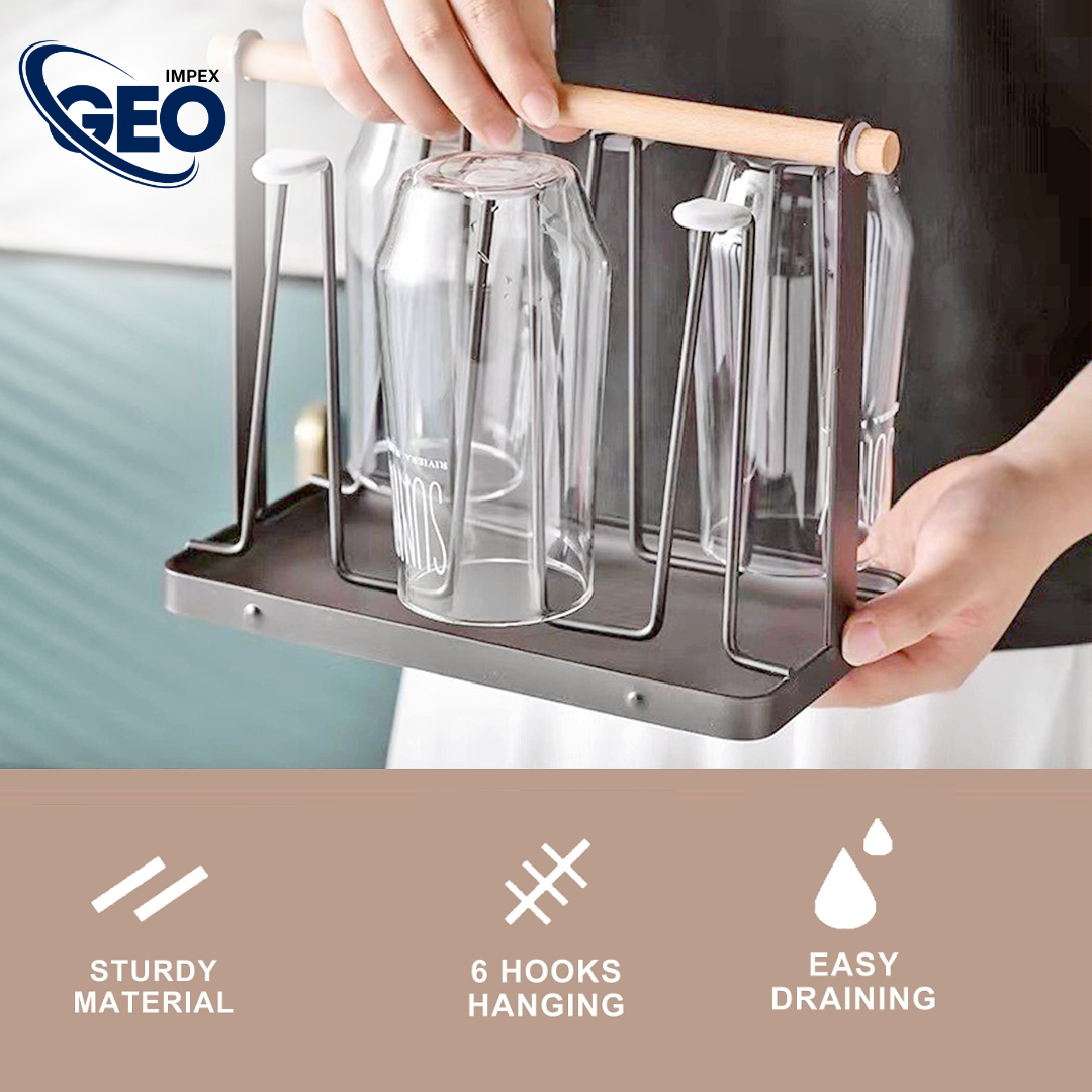 Glass Stand w/Plate | 6-Cup Mug Stand and Drainer – Durable Kitchen Storage & Organization Rack.