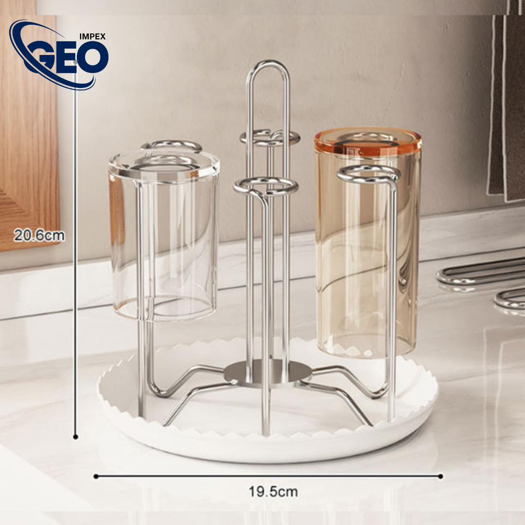 Glass Stand w/Plate | 6-Cup Mug Stand and Drainer – Durable Kitchen Storage & Organization Rack.